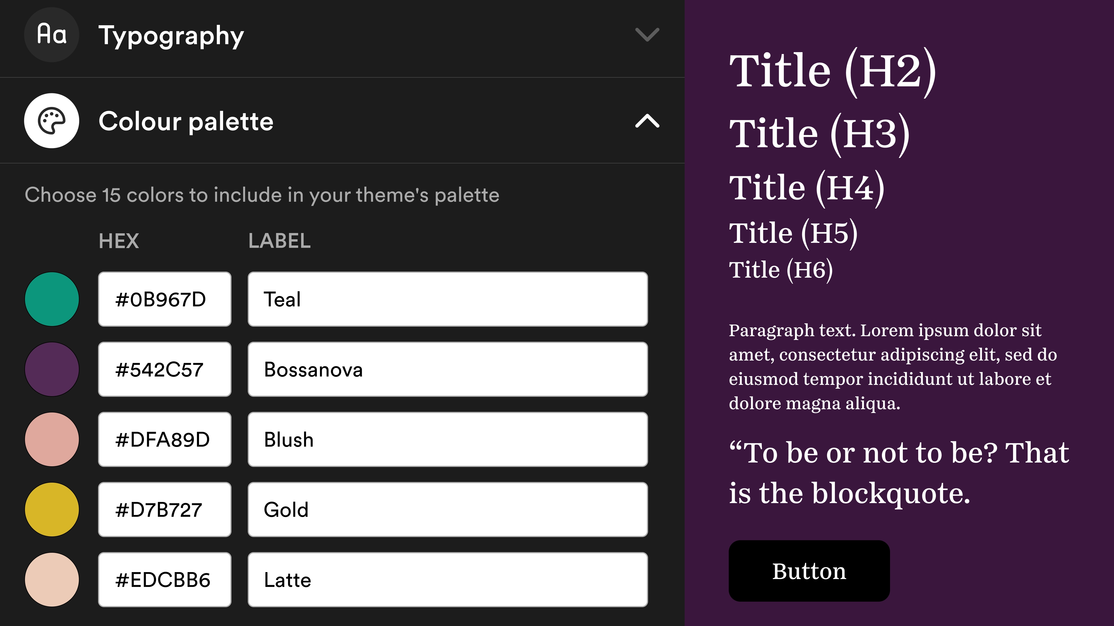 A palette of styles showing the configuration of Shorthand custom themes