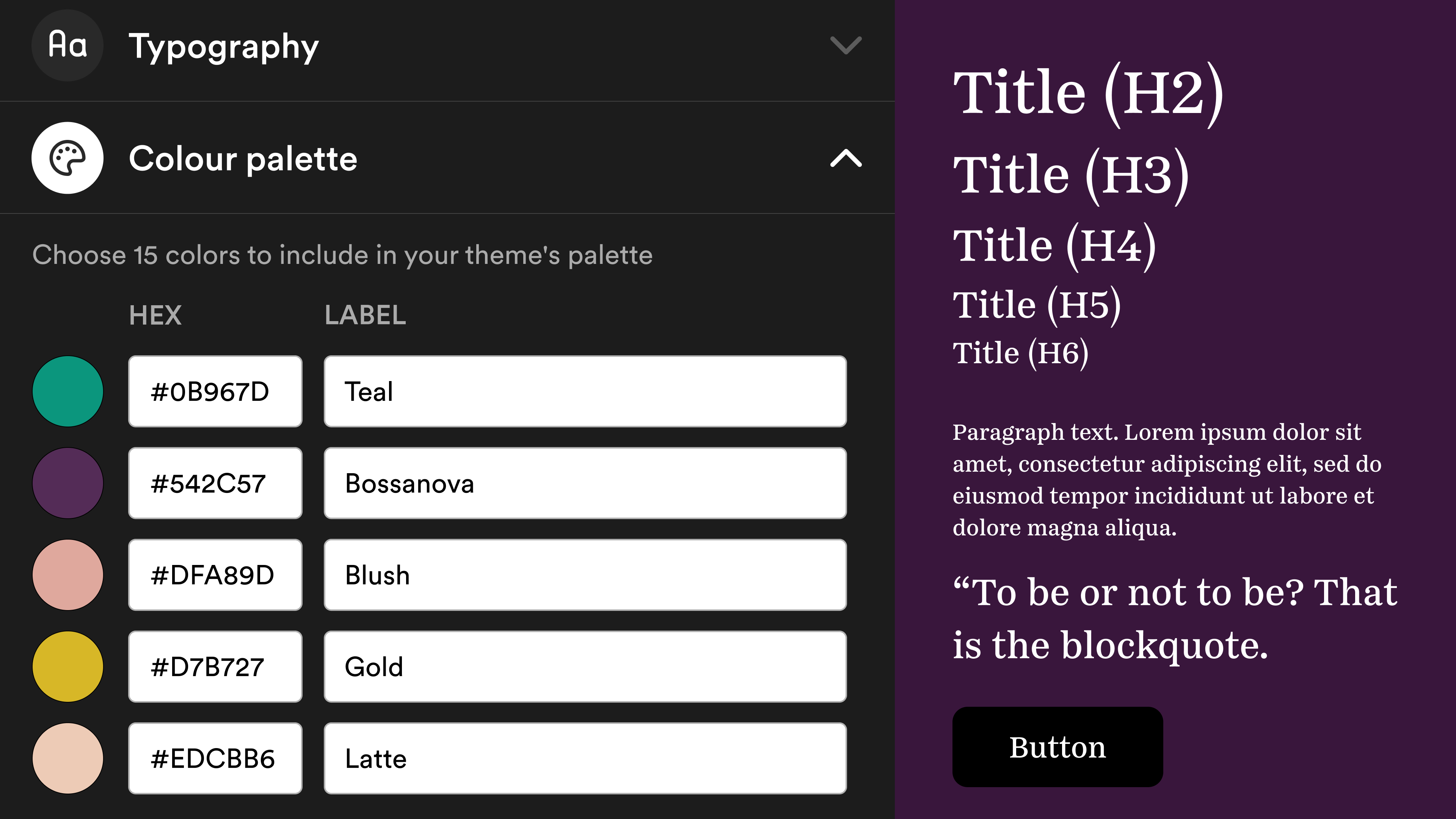 Theme Builder interface showing options for customizing typography and color palette.
