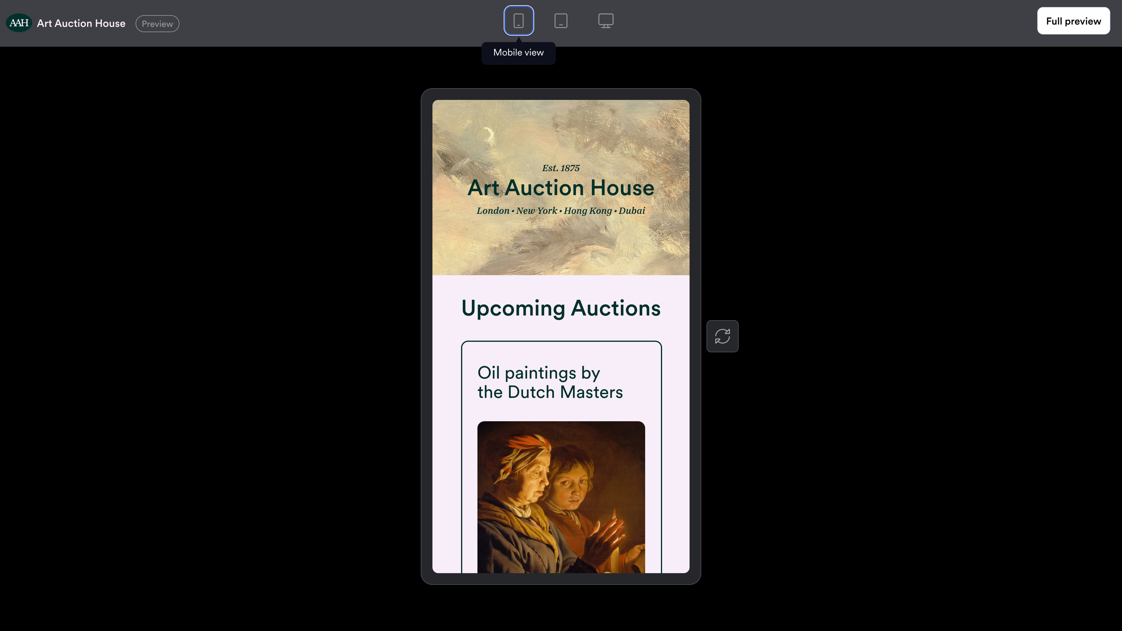 Editor screenshot showing the story preview with mobile view selected