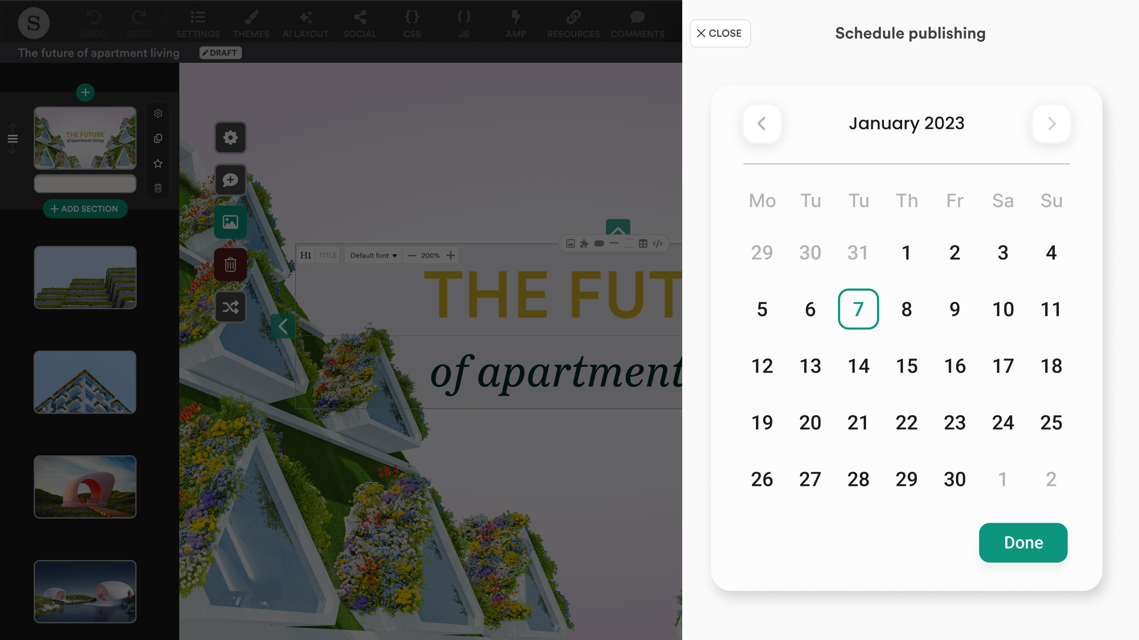 A screenshot of scheduled publishing in the Shorthand editor