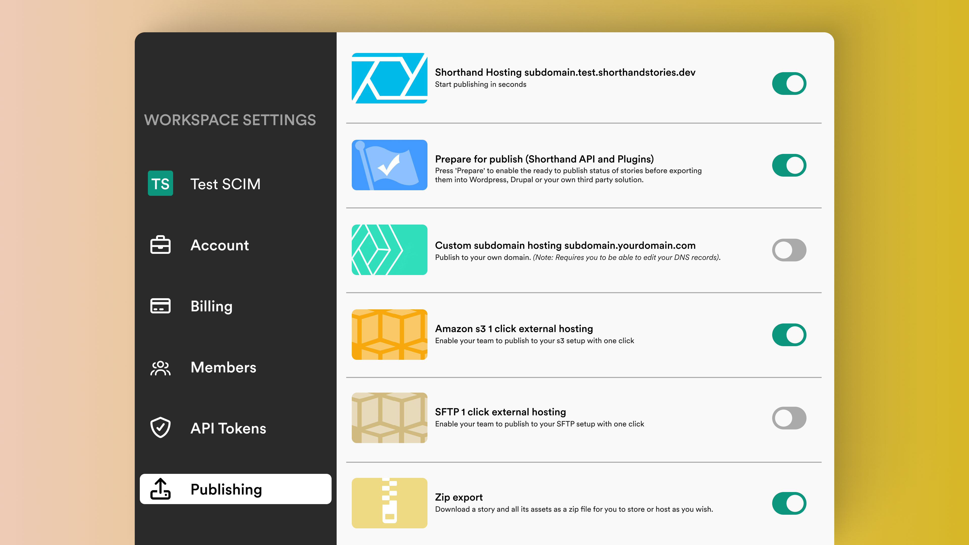 A publishing configuration page showing a variety of hosting options
