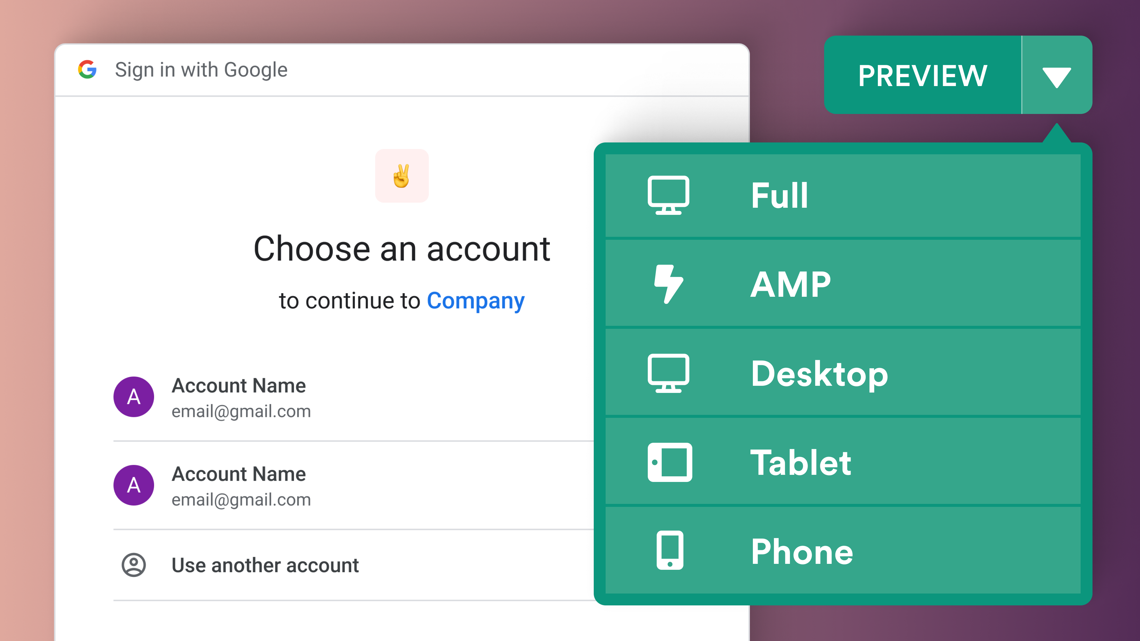 A dropdown menu showing the preview options: Full, AMP, Desktop, Tablet, and Phone.