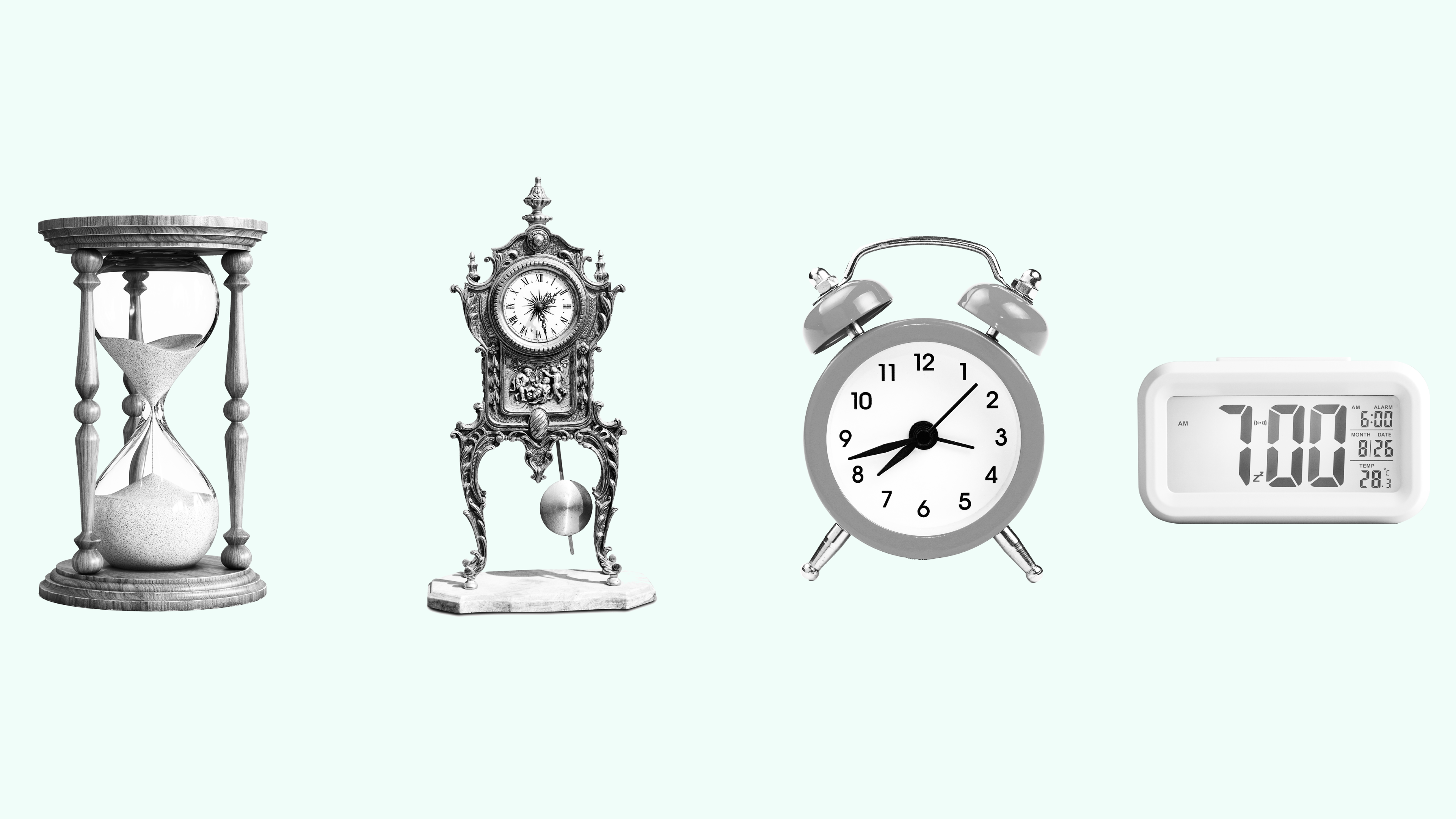 An hourglass, two old clocks and an alarm clock lined up side by side.