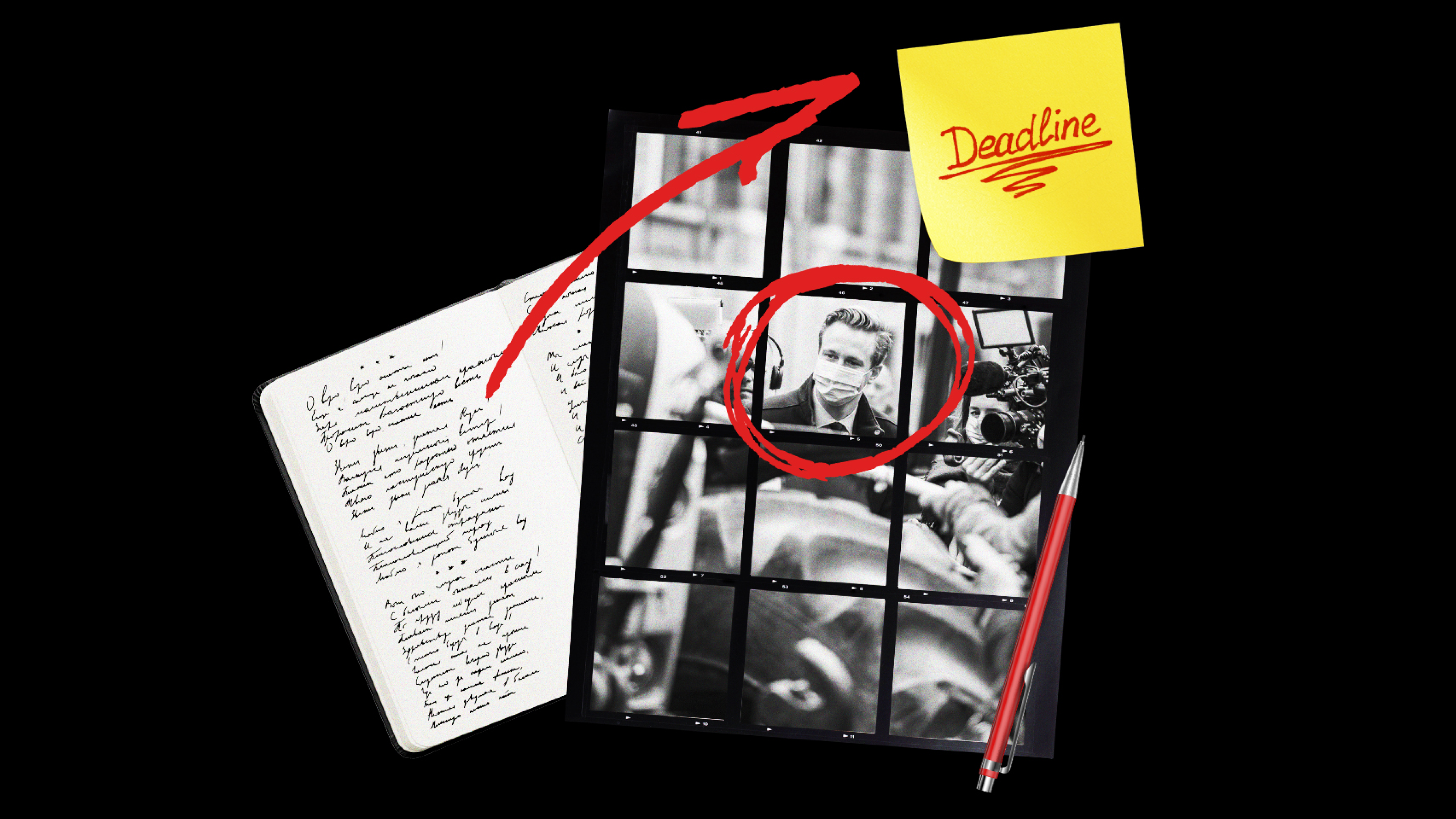 Man surrounded by press pack, wearing mask.