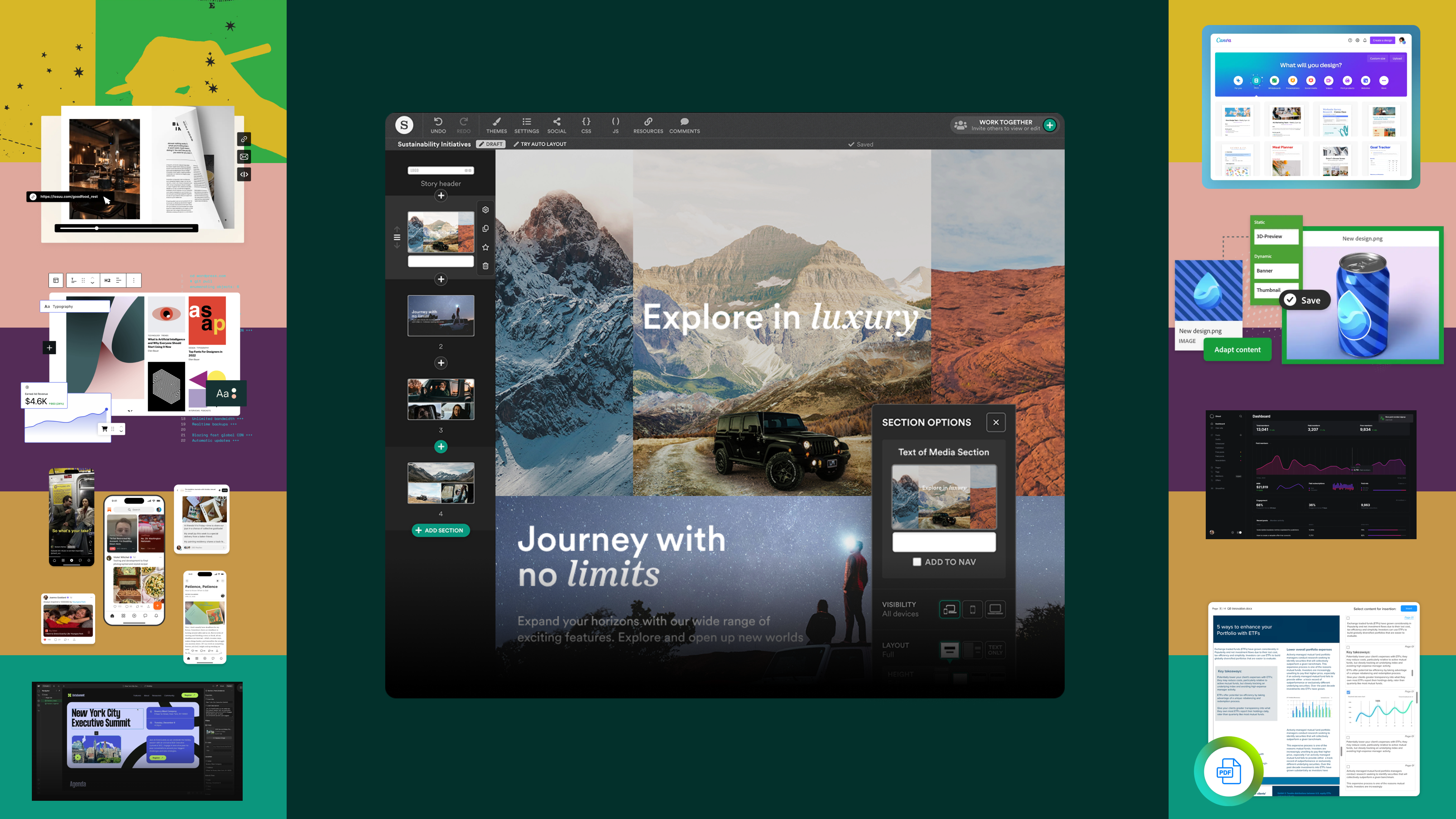 A selection of screenshots of various digital publishing platform interfaces.
