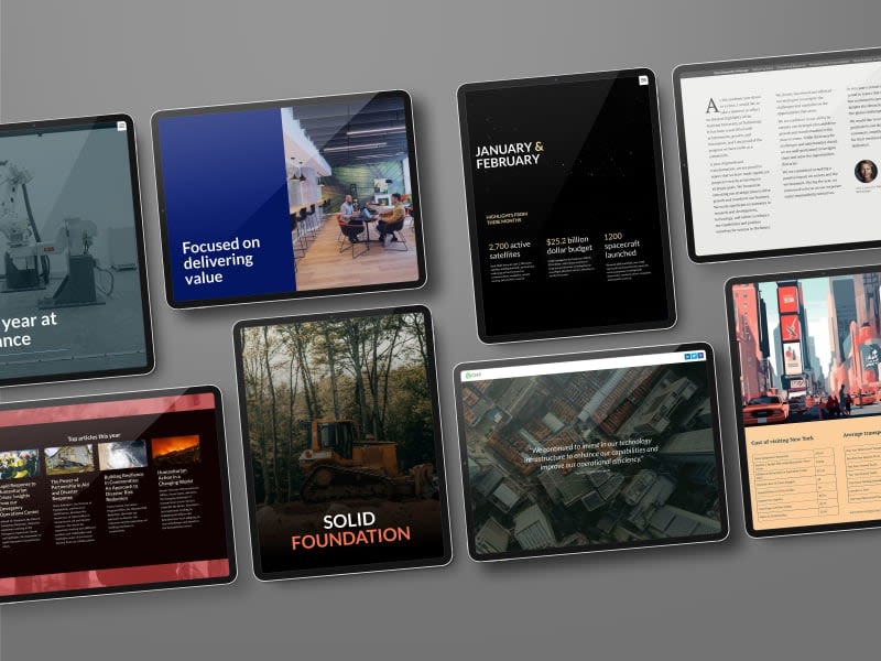 Imagery from the free annual report templates displayed on tablet devices