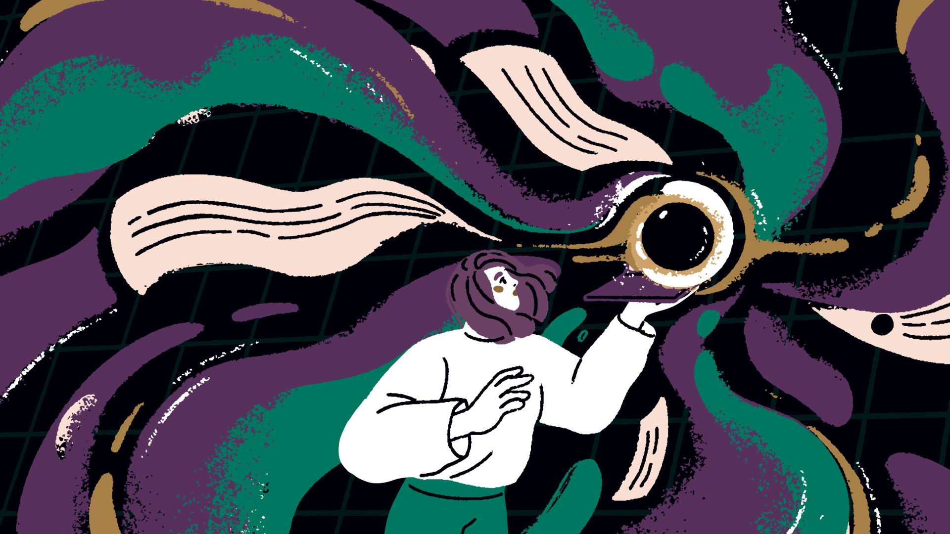 Illustration of a woman holding up a black ball.