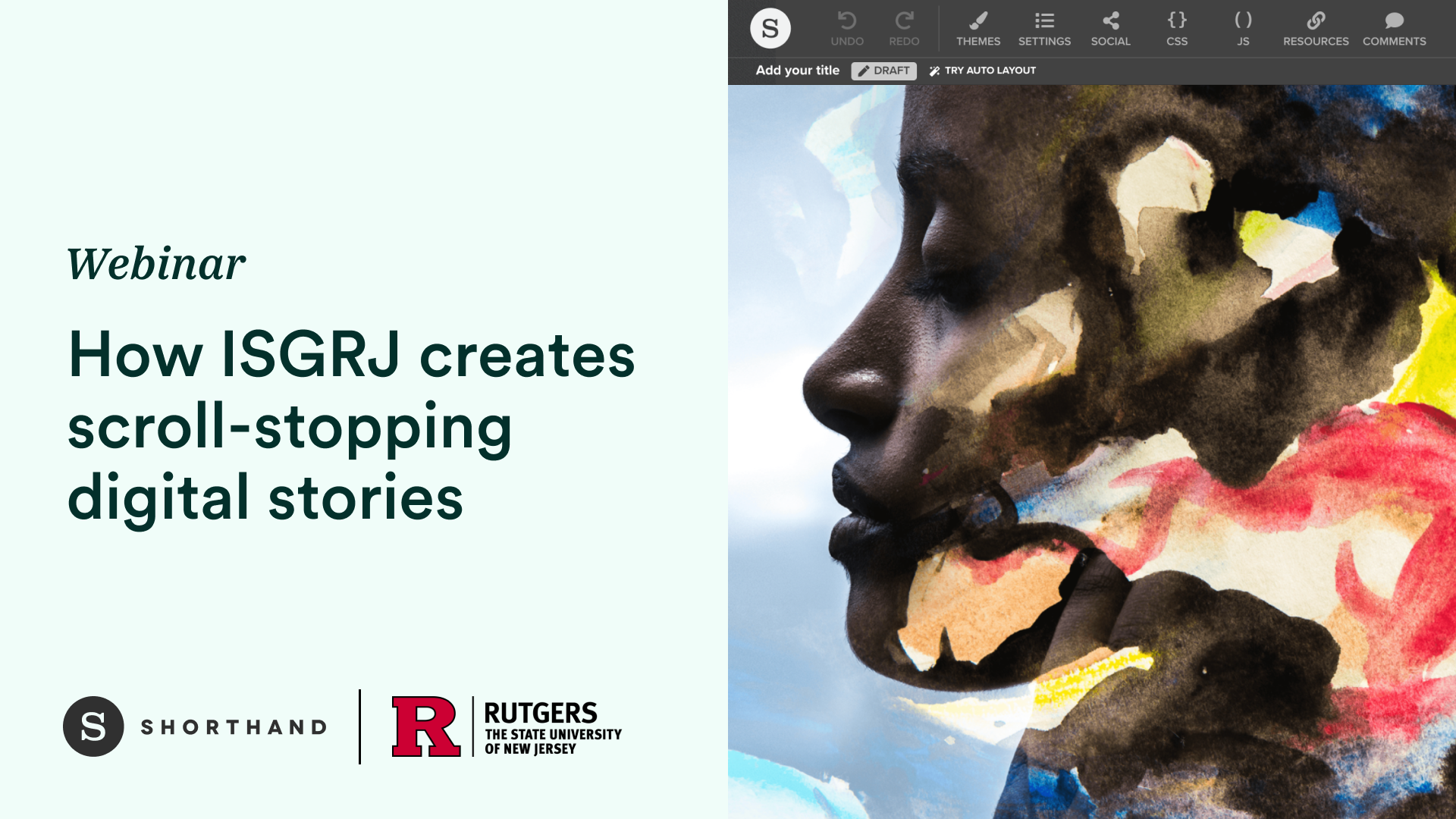 Photo of a woman's face with oil painting effect overlaid, next to the text: How ISGRJ creates scroll-stopping digital stories.