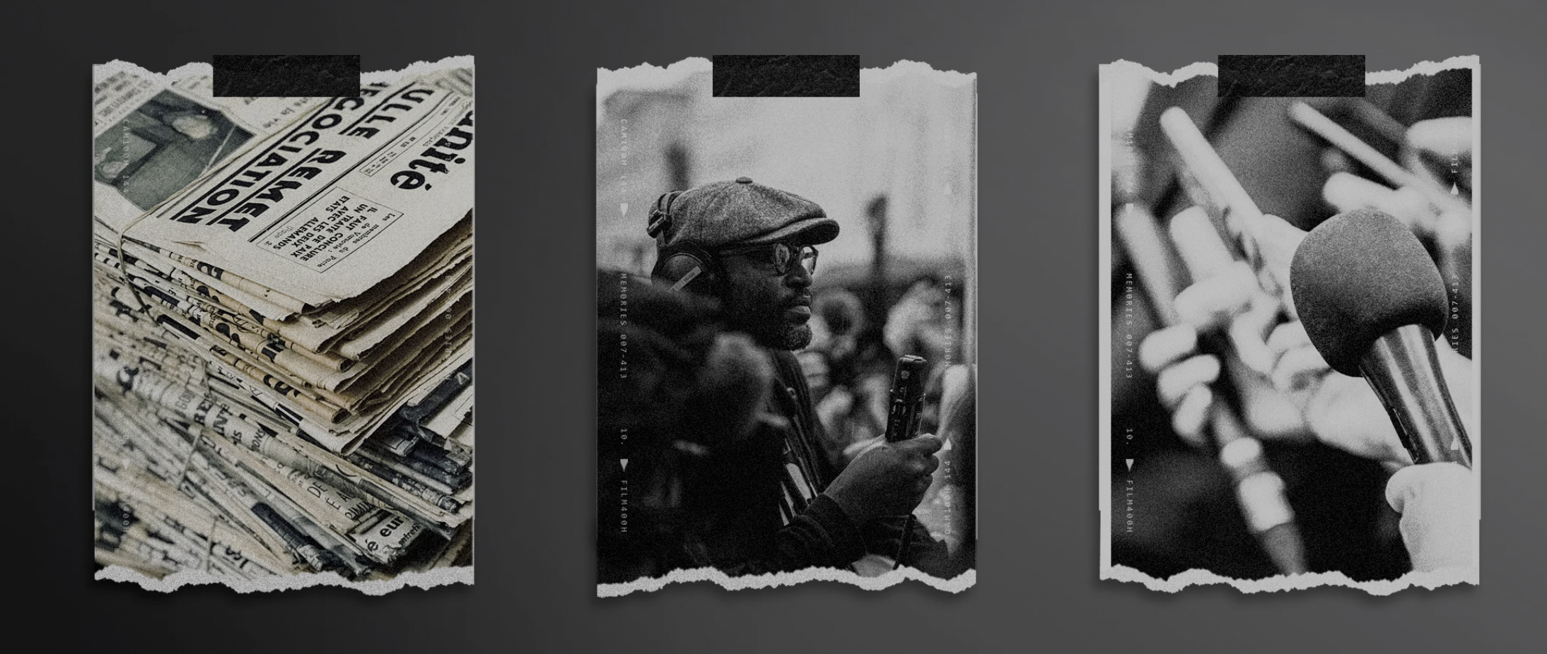 A pile of newspapers, an interviewer, and a microphone.