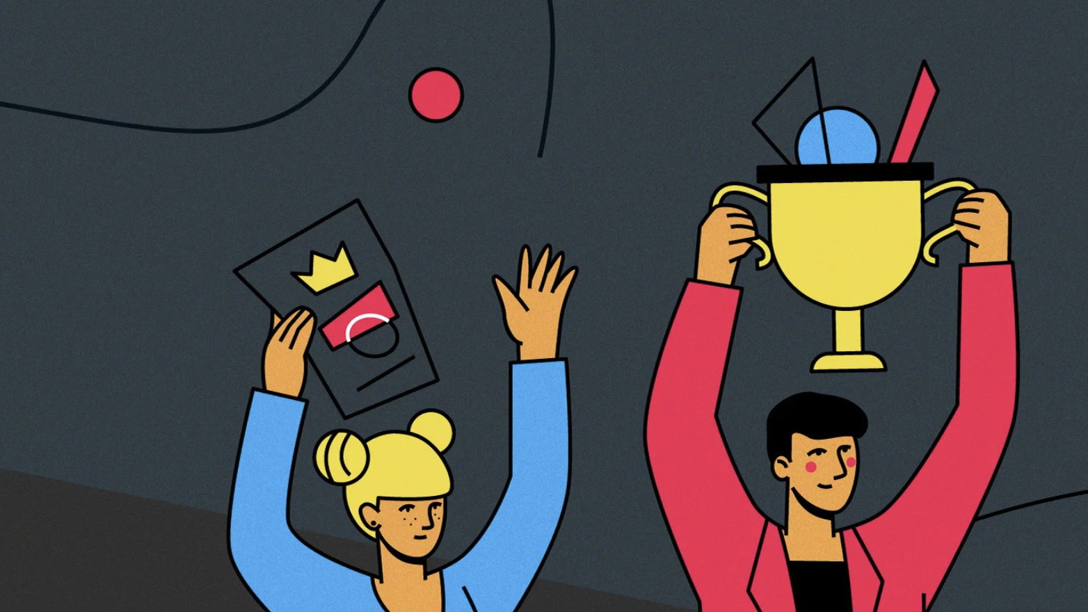 Illustration of woman holding certificate and man holding trophy.